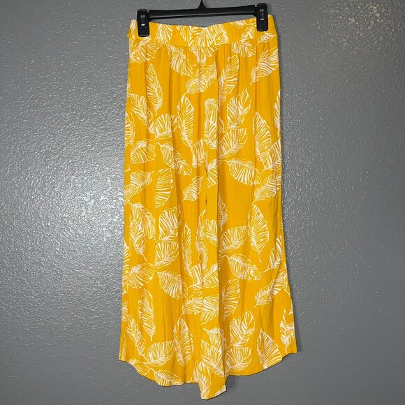 Paper Moon Women’s Wide Leg Palazzo Pants M Mustard Yellow White Leaf Print Boho - Picture 1 of 4